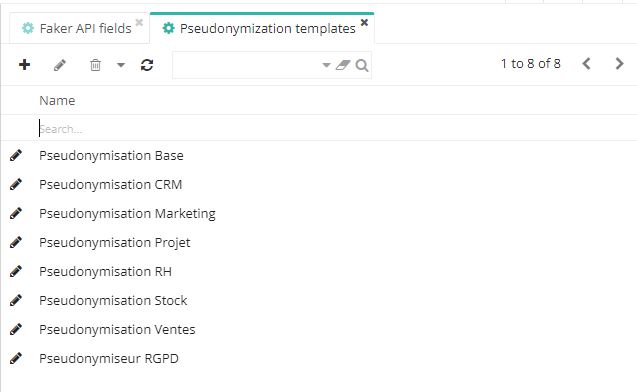 1.1. The list of default pseudonymisation templates (Access : Application Config → Technical maintenance → Pseudonymization → Pseudonymization templates).